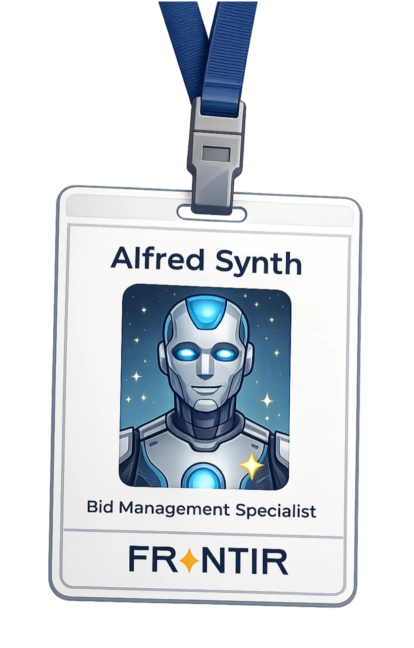 Alfred Synth, Bid Management Specialist — a Frntir AI Synth shown on a lanyard ID badge